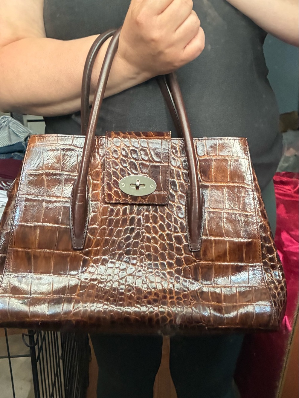 Gianni Conti brown croc-embossed leather top-handle satchel bag